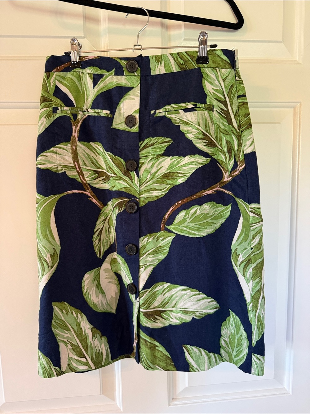 Ann Taylor Factory Navy Pencil Skirt with Green Leaf Print